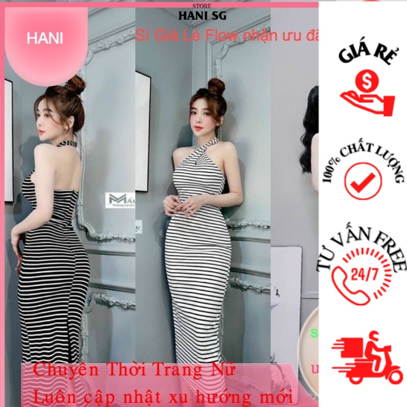 (HCM)Đầm YẾM QUÀNG CỔ BODY HANi Thun GÂN Kẻ Sọc Ngang Hở Lưng - Dáng Dài Maxi Xẻ Tà Sexy (FREESJZE DUO 55KG)