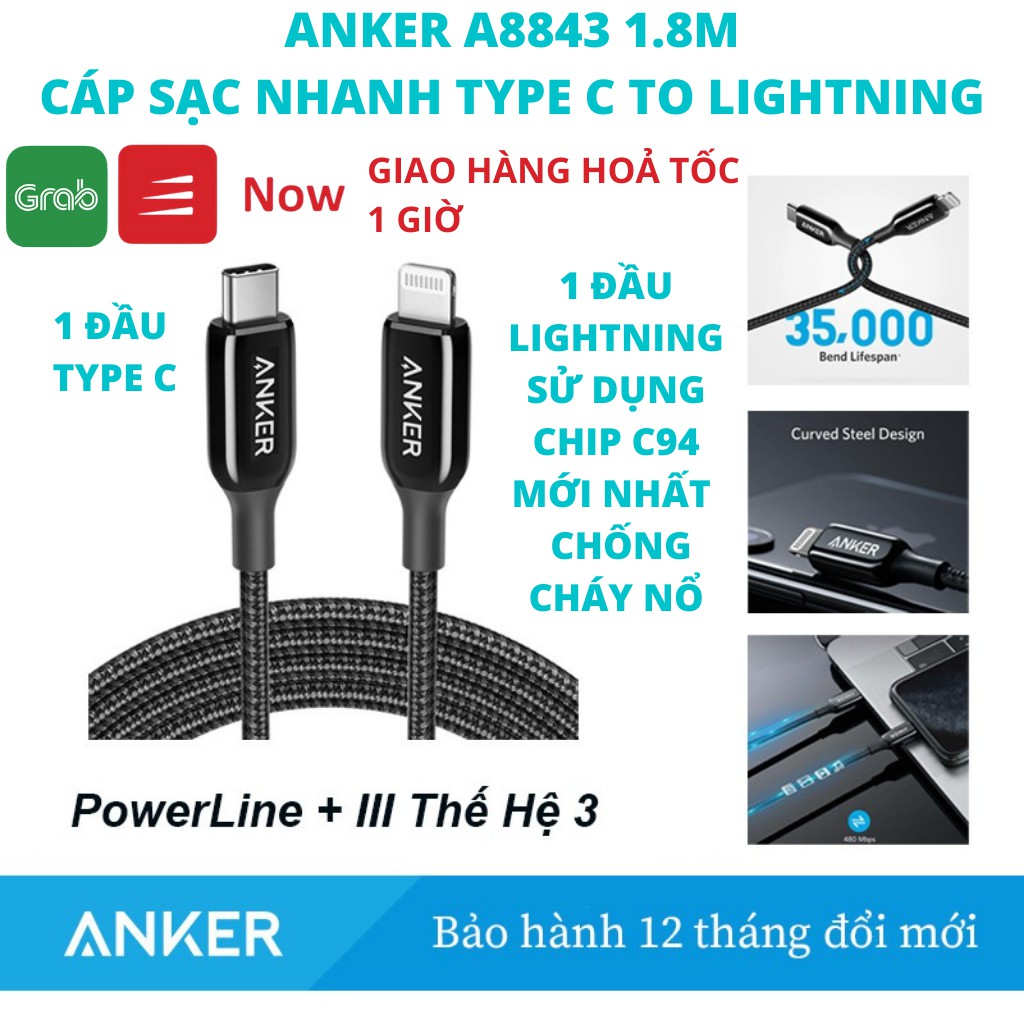 Dây cáp sạc ANKER A8843 1.8m Usb-C to Lighting Powerline + III - Sạc nhanh IPad IPhone 8 X Xs Xr 11 12 Pro Max