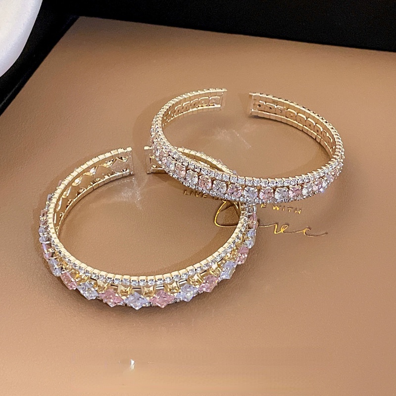 Vòng Tay Hở Đính Đá Zircon Màu Hồng Kiểu Dáng Hình Học Thời Trang