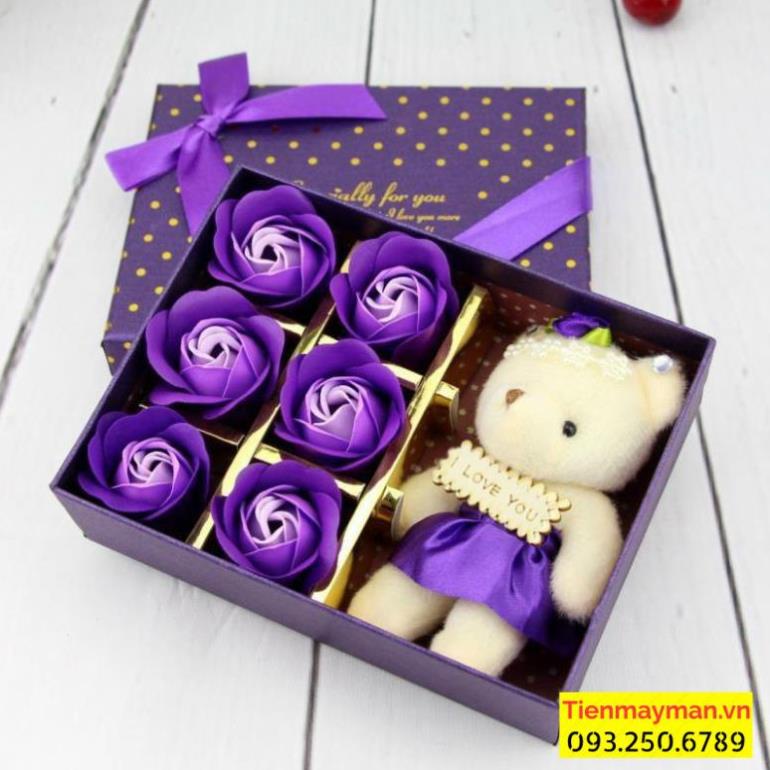 Hộp Hoa Hồng 6 Bông Kèm Gấu, tặng kèm thiệp chúc mừng - TÍM LÃNG MẠNG