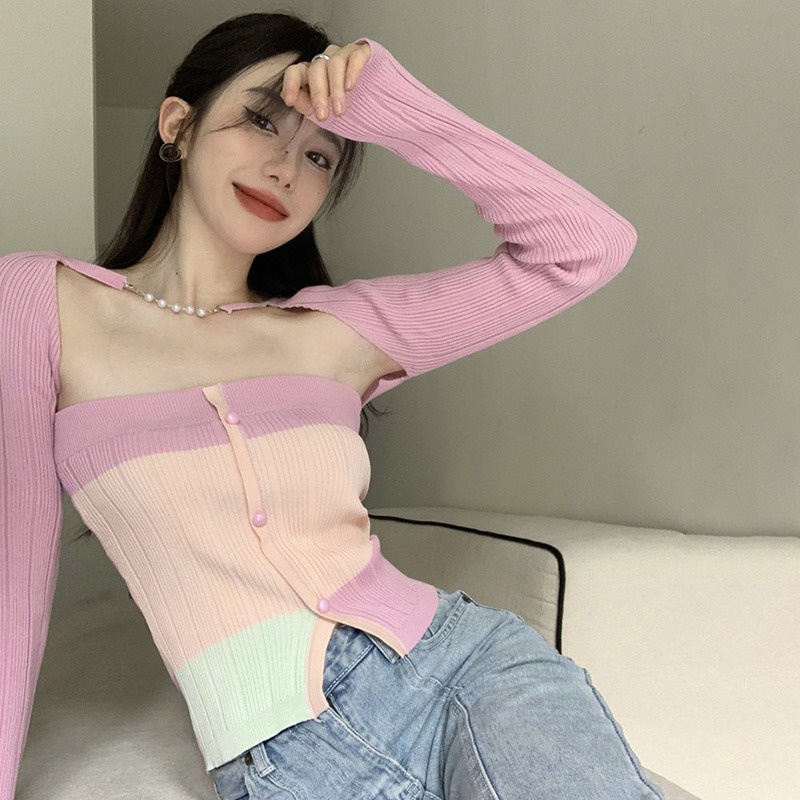 Bộ Áo Ống Màu Tương Phản + Khăn Choàng Lụa Dệt Kim Thời Trang Hàn Quốc Cho Nữ