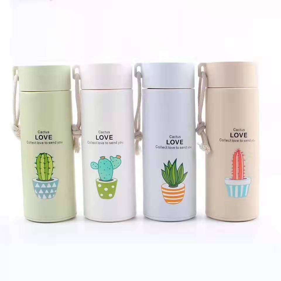 Bình giữ nhiệt in hình xương rồng 450ml lõi thủy tinh bọc nhựa lúa mạch có dây xách tiện dụng