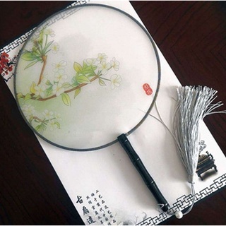 Quạt tròn cổ trang Trung Quốc in hoa vải lụa