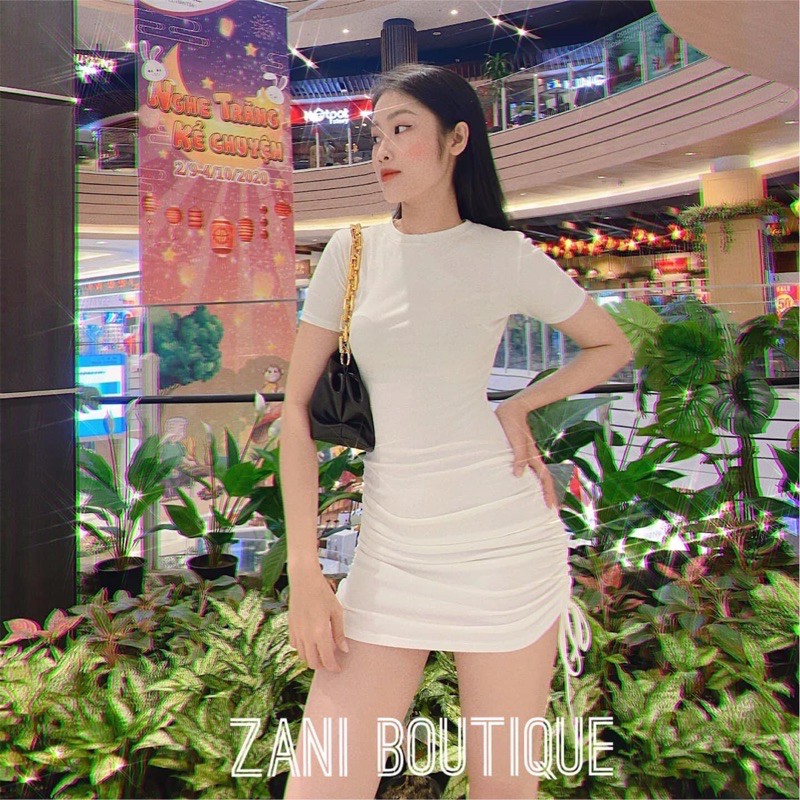 Đầm body basic tay ngắn rút dây hông tôn dáng