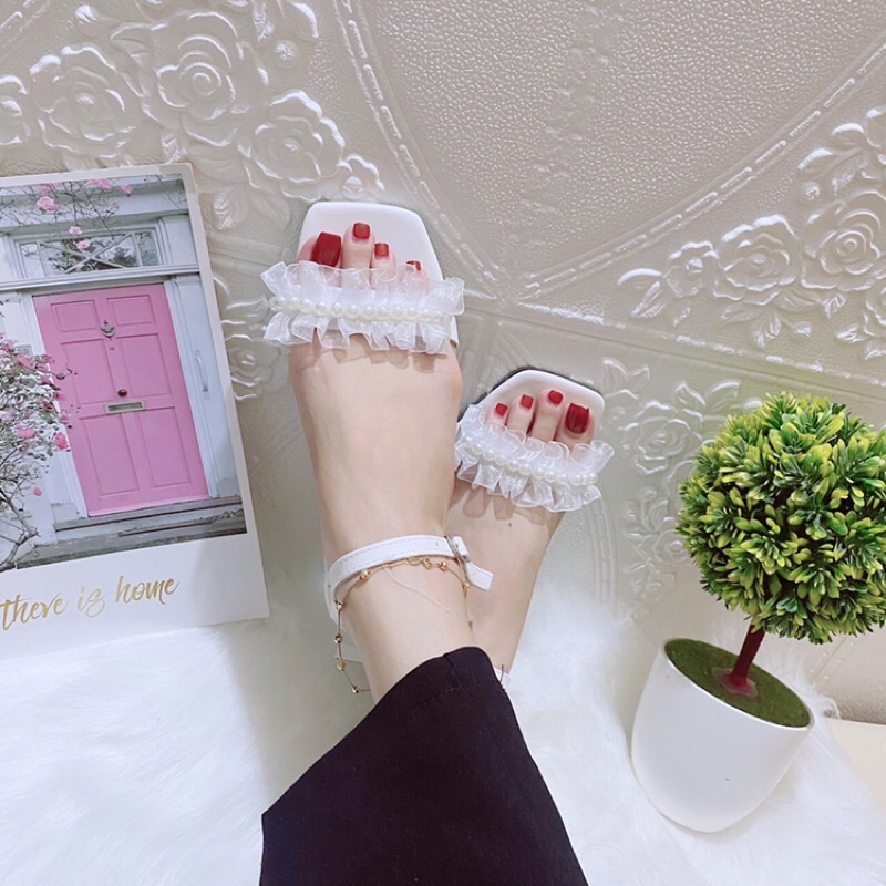 [Bán giá gốc] GIÀY SANDAL NỮ QUAI NGANG REN 1 HÀNG NGỌC GÓT VUÔNG 4p CỰC ĐẸP