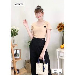 Áo Nữ NHẬT VY Cổ Vuông Form Ôm Thêu Hình Bướm Chất Cotton Màu Nude, Vàng, Đen, Trắng - D2034