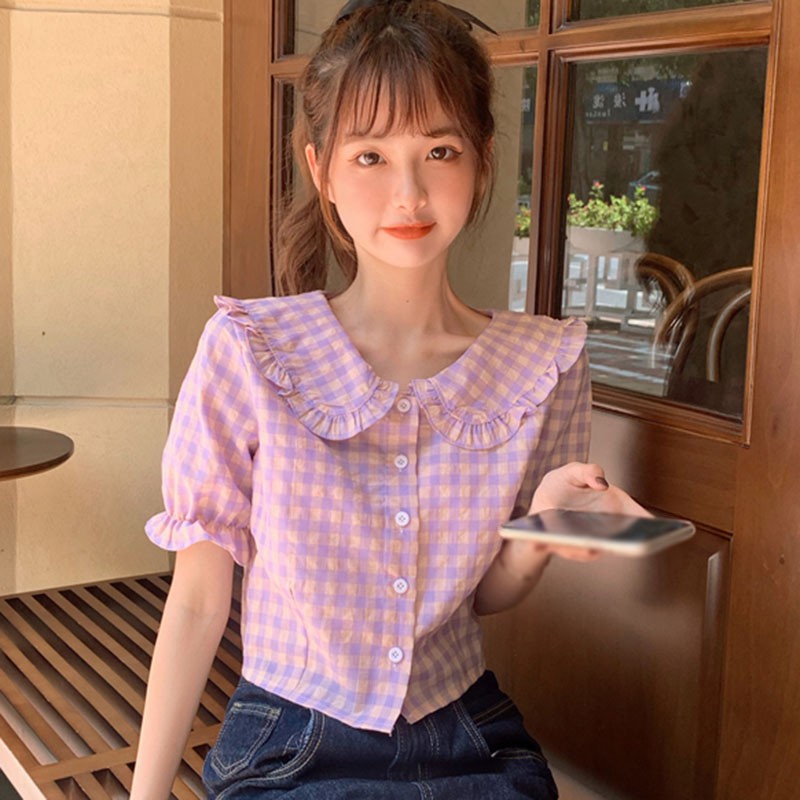 Áo Sơ Mi Ngắn Tay Ca Rô Ca Rô Cổ Búp Bê Đáng Yêu Cho Nữ