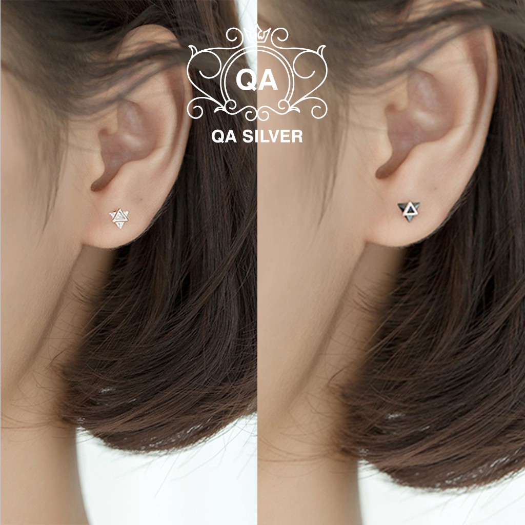 Bông tai bạc tam giác đôi khuyên tai hình học mặt đá đen trắng S925 TRIANGLE Silver Earrings QA SILVER EA200607