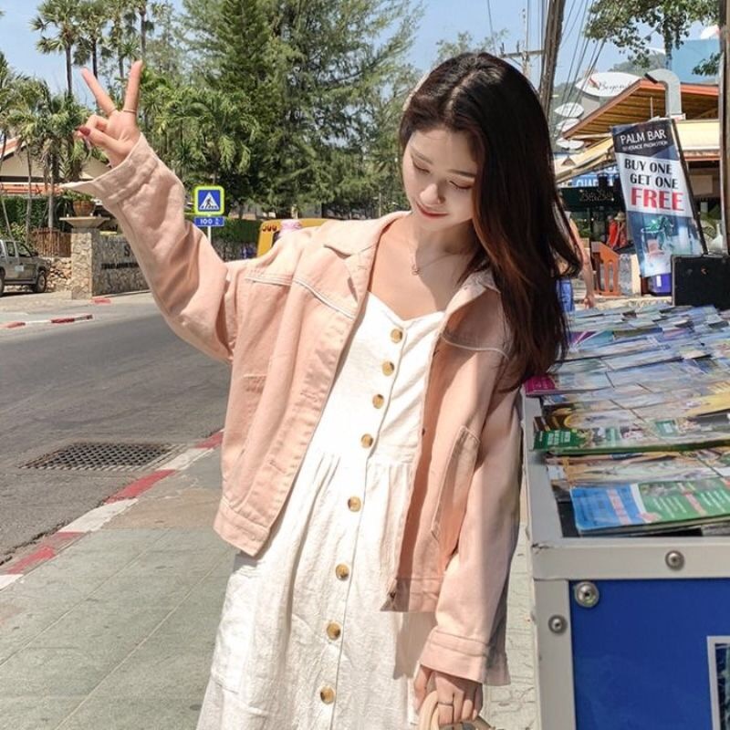 Áo Khoác Denim Tay Dài Dáng Rộng Màu Hồng Xinh Xắn Cho Nữ