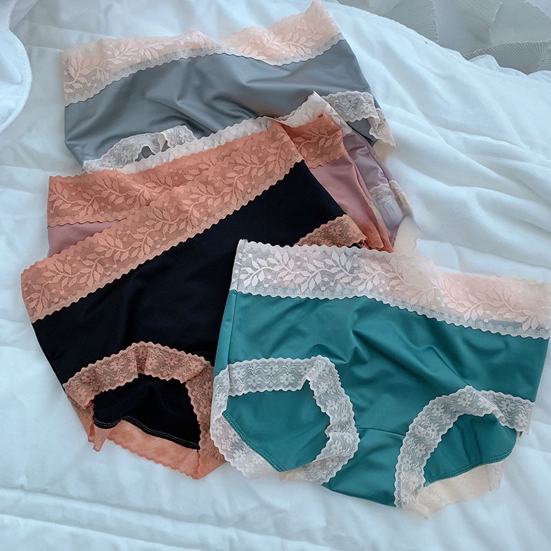 Quần Lót Lụa Lạnh Phối Ren Lưng Cao Cỡ Vừa Thời Trang Cho Nữ