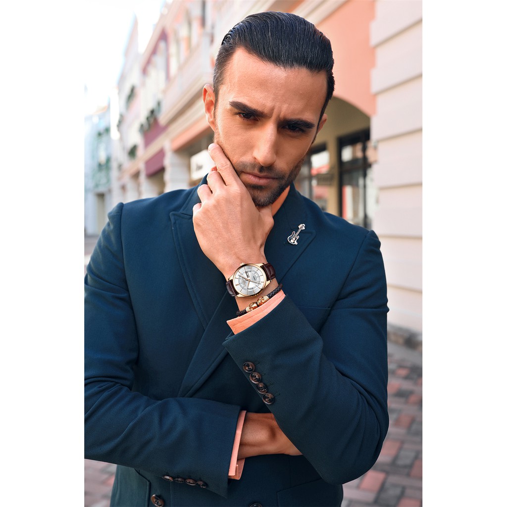 (NEW) Đồng hồ nam Ontheedge R08 full box có lịch thứ ngày dây da cao cấp + Tặng 2 viên pin Nhật | BigBuy360 - bigbuy360.vn