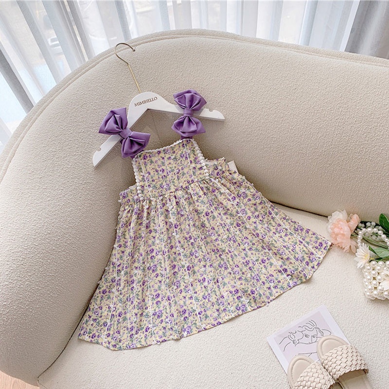 Đầm Hoa Hai Dây Đính Nơ Phong Cách Phương Tây Thời Trang Mùa Hè Hàng Mới Dành Cho Bé Gái