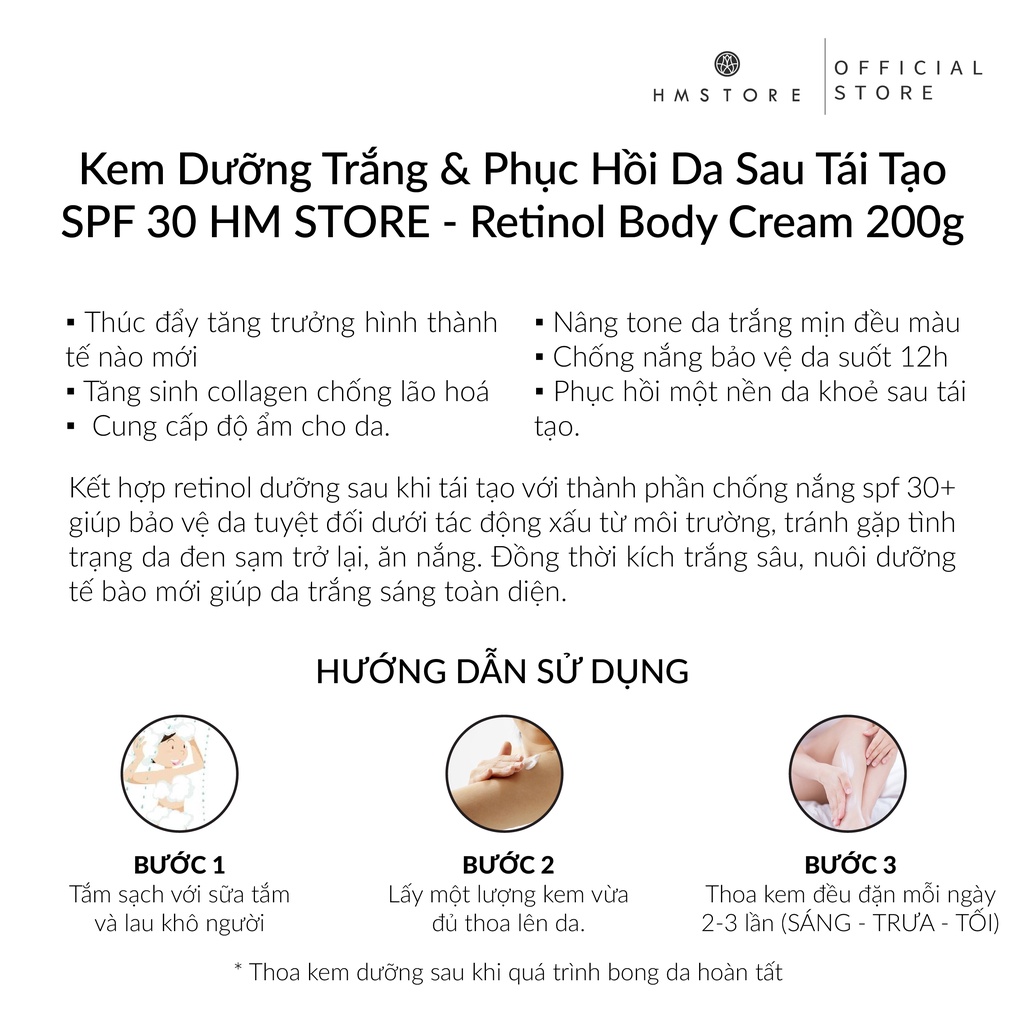 Kem Dưỡng Trắng & Phục Hồi Da Sau Tái Tạo SPF 30 HM STORE - Retinol Body Cream 200g