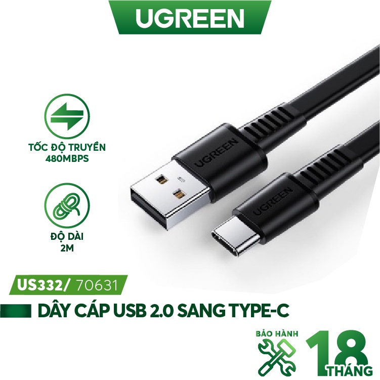 Dây cáp USB 2.0 sang type C dây dẹt UGREEN US332 dài 0.5-1m