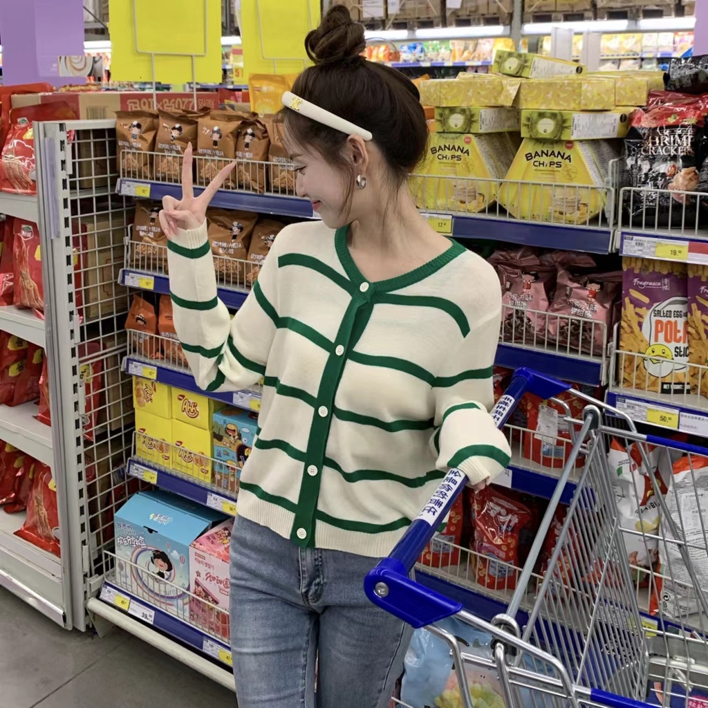 Áo cardigan ZHELIHANGFEI dệt kim lưng cao họa tiết kẻ sọc trẻ trung