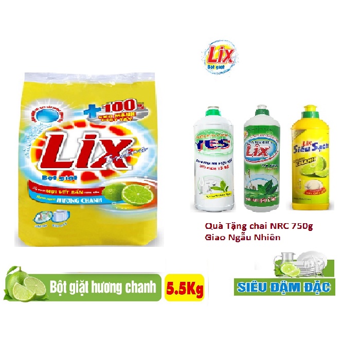 Bột giặt Lix 5.5kg HƯơng chanh (mẫu mới) tặng chai nước rửa chén Lix 750g