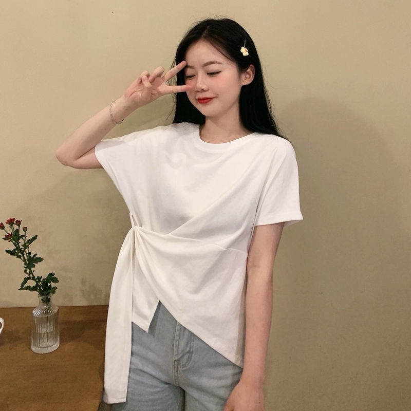 IELGY Áo Thun Tay Ngắn Dáng Rộng Màu Trơn Kiểu Hàn Quốc Thời Trang Cho Nữ