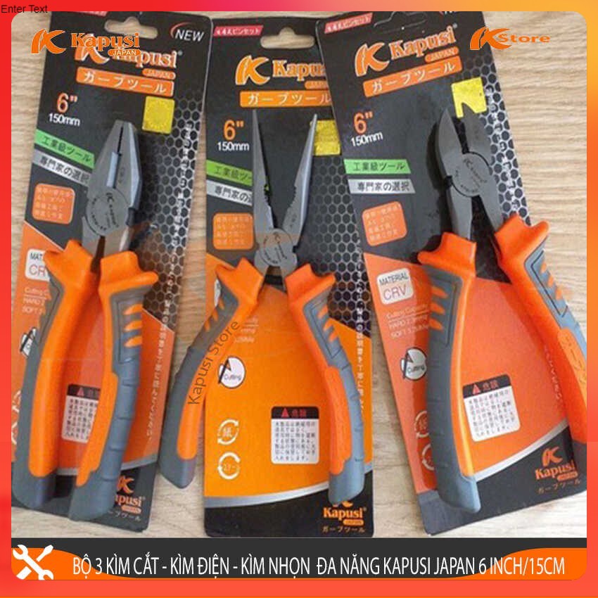 Bộ 3 Kìm Cắt - Kìm Điện - Kìm Nhọn Đa Năng Kapusi Japan 6inch/150mm Thép CRV Cao Cấp Siêu Bền,Kìm Cắt Dây Điện Kiểu Nhật