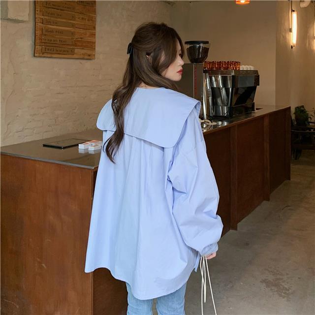 Áo Sơ Mi Nữ Tay Dài Cổ Thủy Thủ Màu Trơn Thời Trang