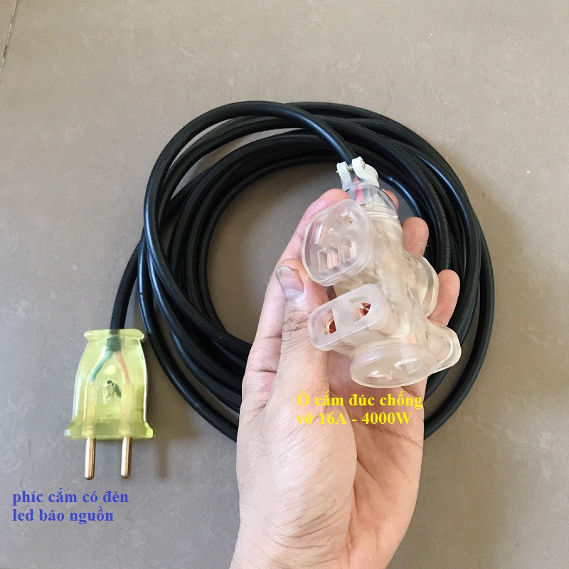 Dây điện 5m kèm Ổ cắm,Phích cắm đúc Chịu tải,Chịu va đập 16A/4000w