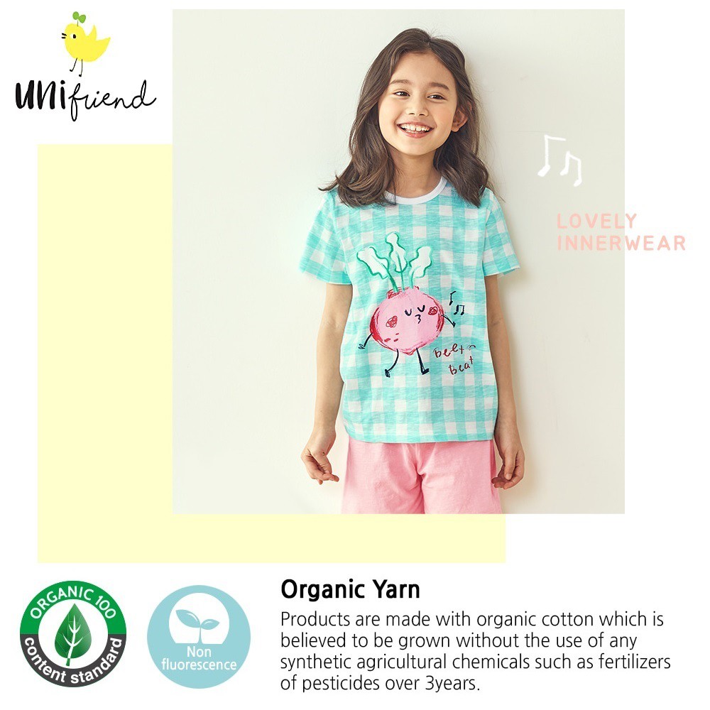 [Big Sale Last Stock] UNIFRIEND Kids Pajamas Girls Sleepwear Clothes Set Home Wear, Short Sleeve 100% Organic, Girls Pyjamas Nightwear (Mint Beet)