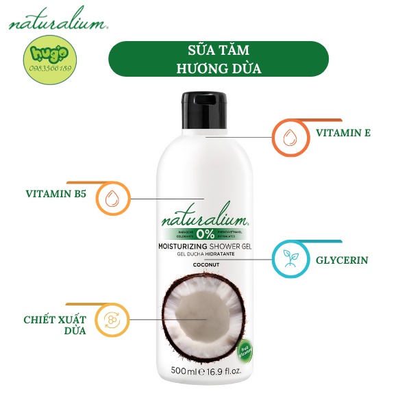 Sữa Tắm Naturalium Thiên Nhiên Hương Dừa Làm Sáng Da xuất xứ Tây Ban Nha 500ml Hugo Shop