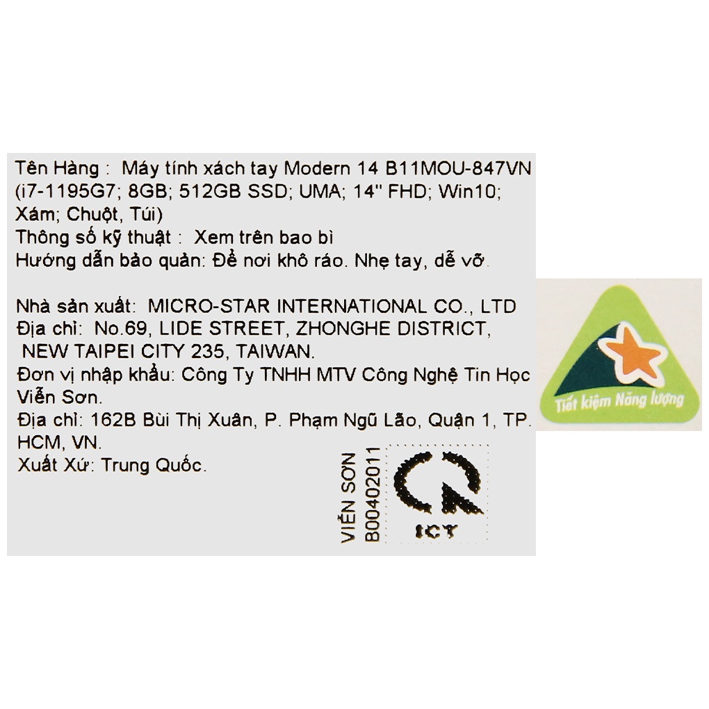 Laptop MSI Modern 14 B11MOU i7 1195G7/8GB/512GB/14"F/Túi/Chuột/Win10//Xám - Hàng chính hãng