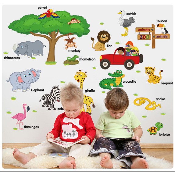 Decal trang trí tường Các động vật kèm tên Tiếng Anh cho trẻ