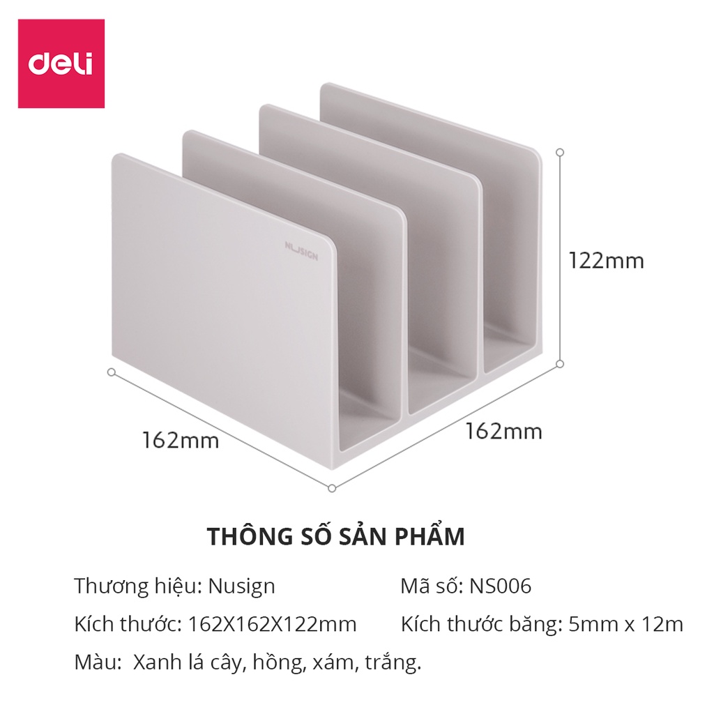 Giá đứng đựng sách và tài liệu 3 ngăn Deli - sử dụng trong văn phòng, trường học - Trắng/Xám/Hồng/Xanh dương - NS006