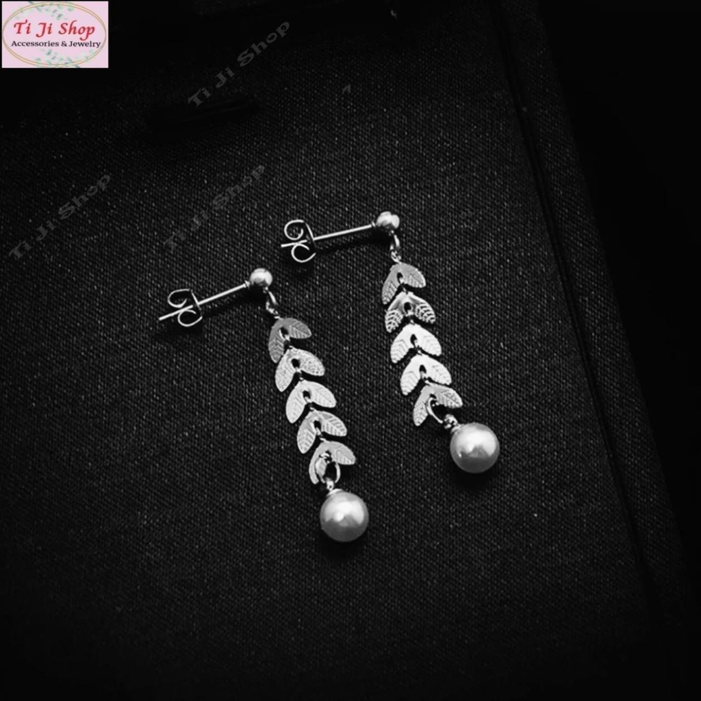 Bông tai nữ inox Hàn Quốc dáng dài sang trọng hình lá nguyệt quế  sang trọng không đen
