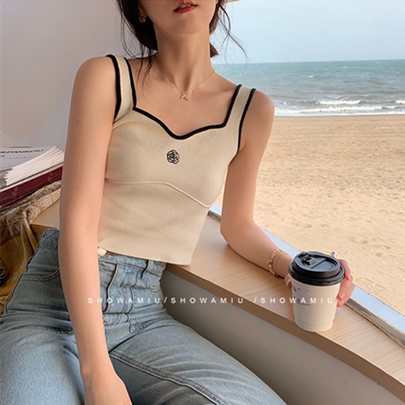 QADCOL Áo Hai Dây Dệt Kim Thêu Hoa Trà Xinh Xắn Cho Nữ