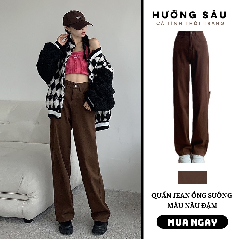 Quần ống suông jean nữ màu Nâu - Túi Cơi - Chắp Thân cạp cao tôn dáng phong cách hàn quốc HUONGSAU