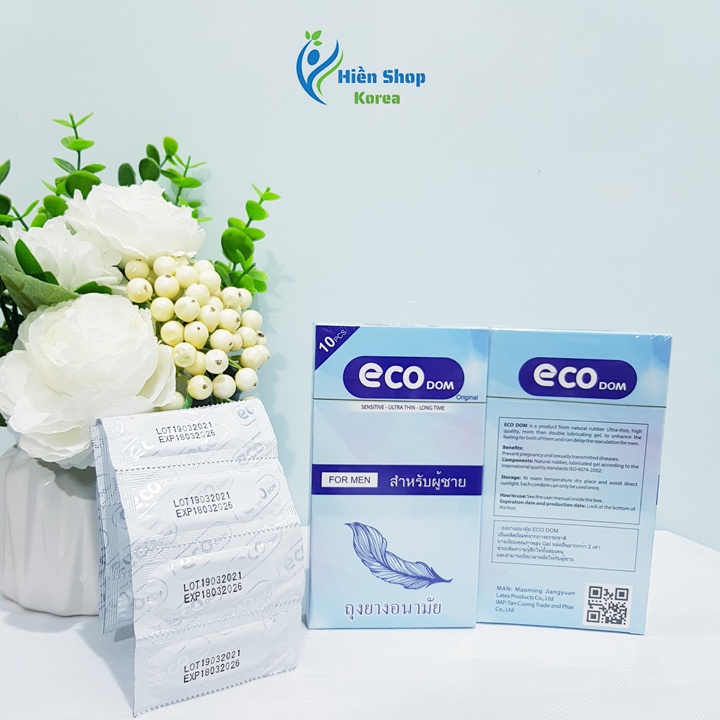 Bao cao su siêu mỏng trơn Eco Dom thái lan nhiều gel bôi trơn kéo dài thời gian chống xuất tinh sớm