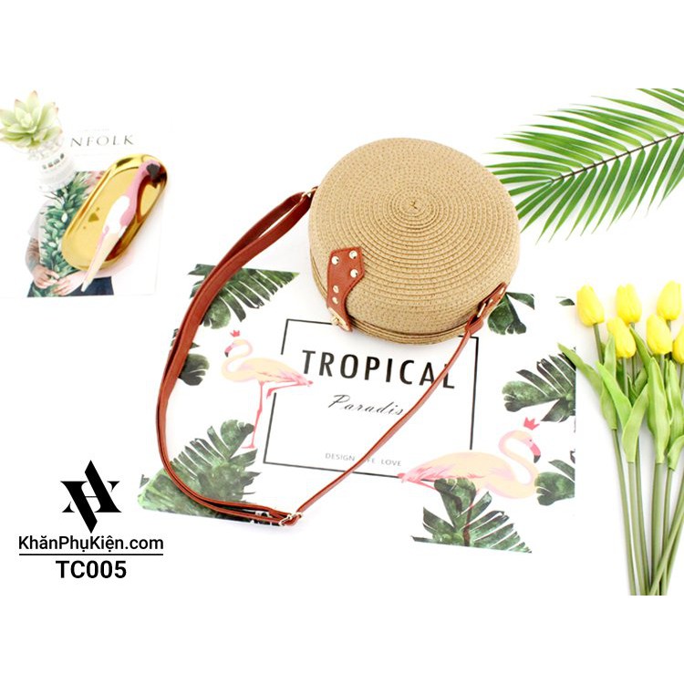 [NowShip - Giao Ngay] Túi Cói Boho Vintage Đeo Vai, Đeo Chéo Hình Tròn Dây Da Màu Nâu Be Trơn
