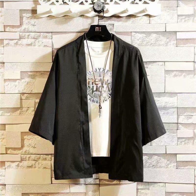 Áo khoác kimono tay lửng dáng rộng màu trơn phong cách retro Nhật Bản cho nam