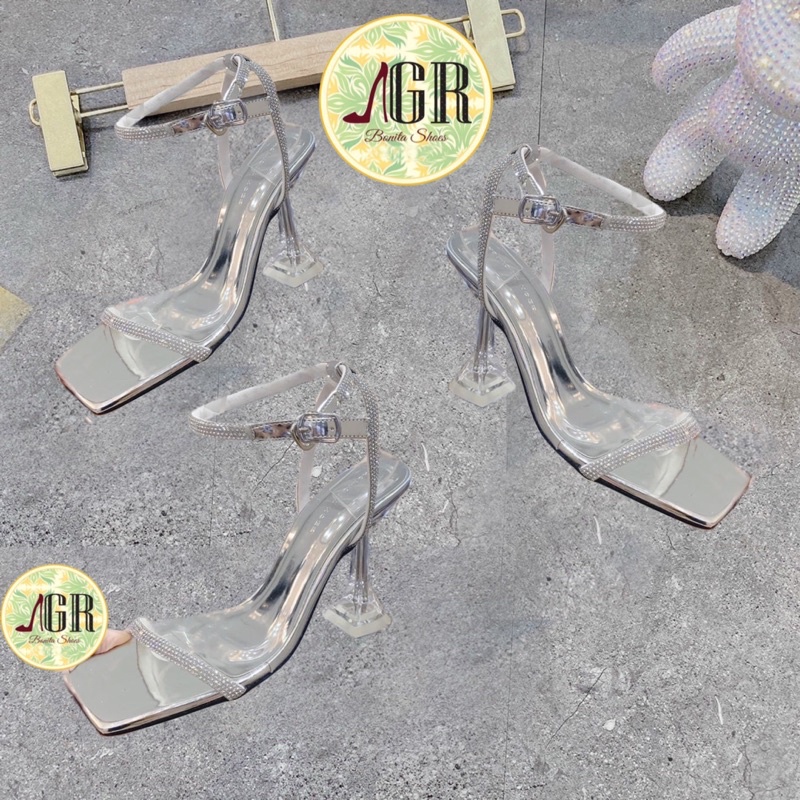 Sandal quai mảnh đính đá gót mica Y 9 cm