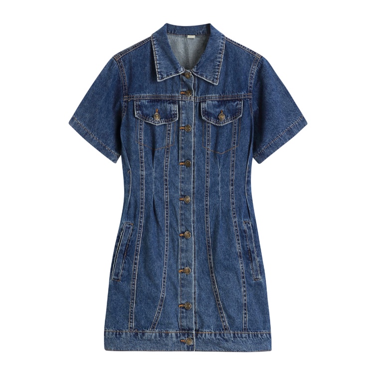 Đầm Denim Ngắn Tay Cổ Polo Phối Nút Thời Trang Dành Cho Nữ