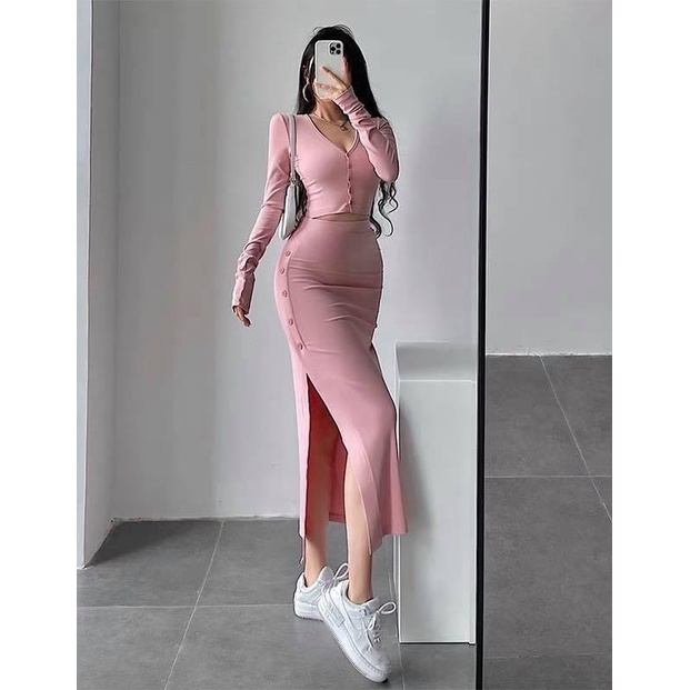 Set áo cổ tim + Cv cài khuy 360k  ❤️ váy body sang chảnh  Annastor