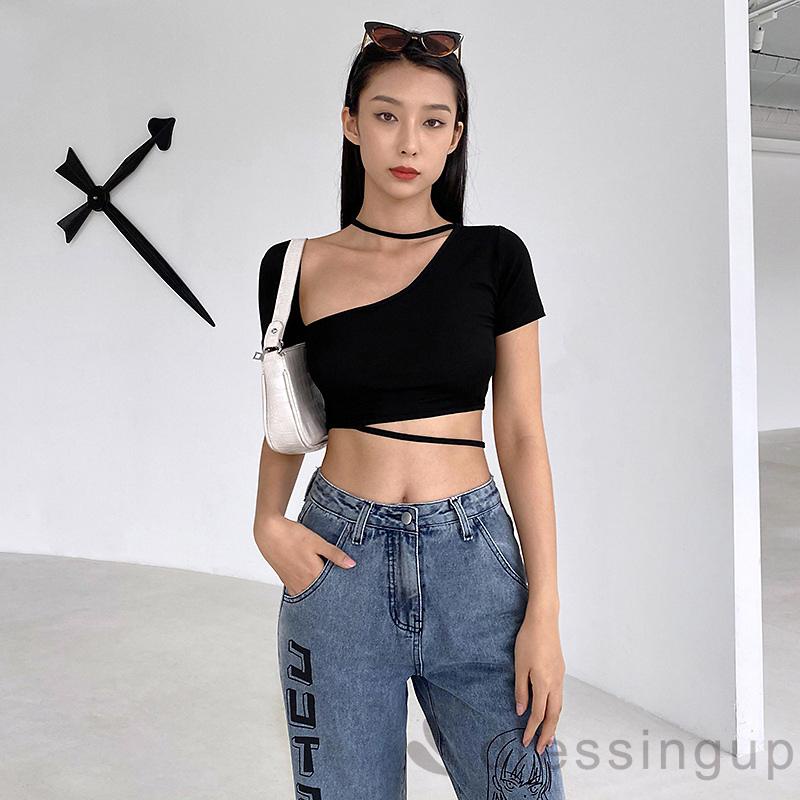 Áo Kiểu Tay Ngắn Màu Trơn Cổ Lệch Thời Trang Dành Cho Nữ