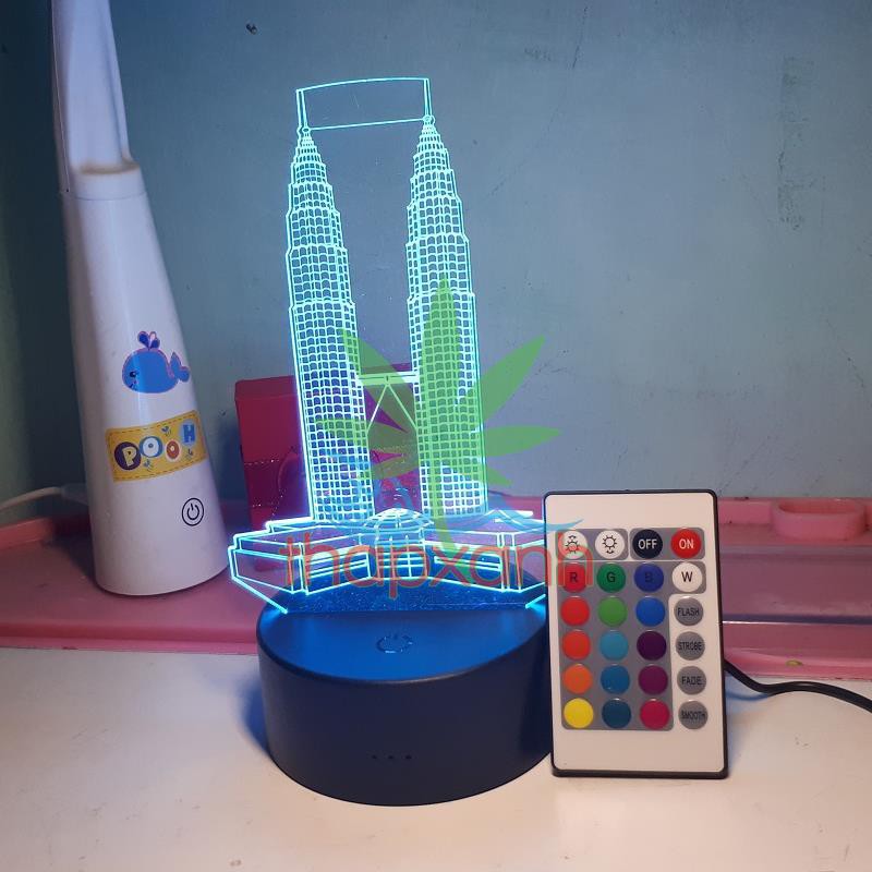 Đèn ngủ, Đèn trang trí Led 3D, Đèn ngủ 16 màu mini có điều khiển Tòa Tháp Đôi