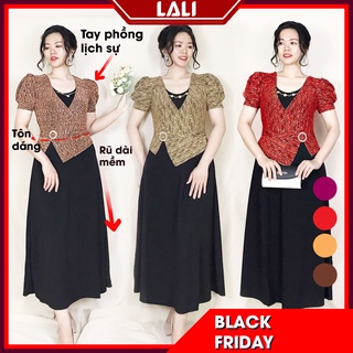 Đầm trung niên sang trọng dáng dài, váy trung niên maxi nhũ tay phồng MS72