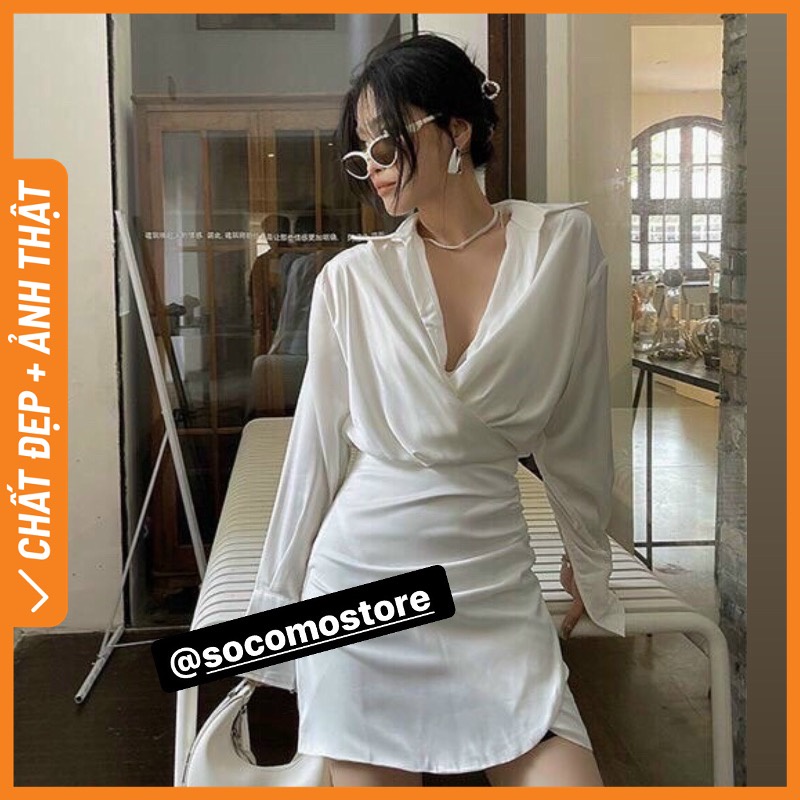 Váy đầm sơ mi lụa dài tay Thiết Kế Cao Cấp Socomo - Hàng Loại 1, Chất đẹp, Giá tốt