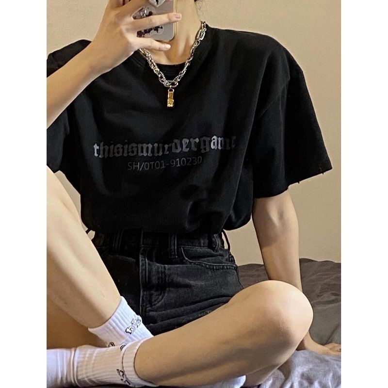 Lina247 Áo thun đen có hình bàn cờ,caro phong cách cá tính