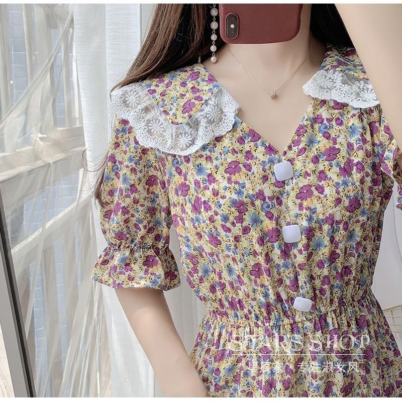 Đầm cổ búp bê phối ren họa tiết hoa dễ thương thời trang dành cho nữ