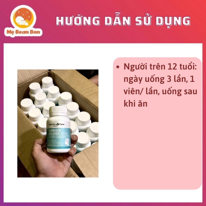 Viên bổ não hộp 100v ÚC Healthy Care Ginkgo Biloba 2000mg giu tuần hoàn máu não, trí nhớ cho bé từ 12 tuổi và người già