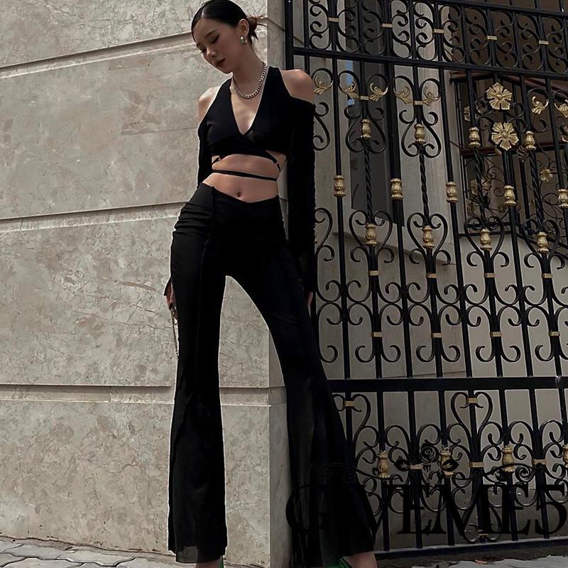 Áo Croptop Tay Dài Cổ Chữ V Màu Sắc Trơn Thiết Kế Đan Dây Chéo Quyến Rũ