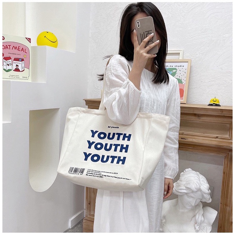 Túi tote túi vải canvas cỡ lớn Youth phong cách Hàn quốc có khóa miệng ngăn phụ bên trong thời trang ulzzang-Haka store