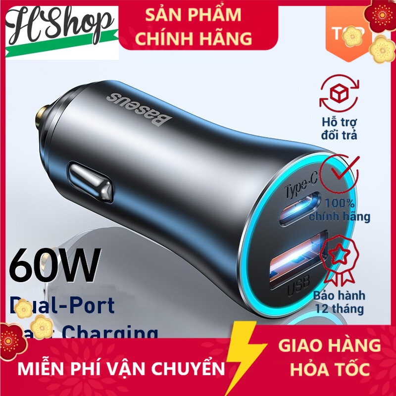 Bộ sạc ô tô Baseus 60W Sạc nhanh 4.0 3.0 Kép USB loại C Sạc nhanh cho Bộ sạc điện thoại ô tô -BH 12T