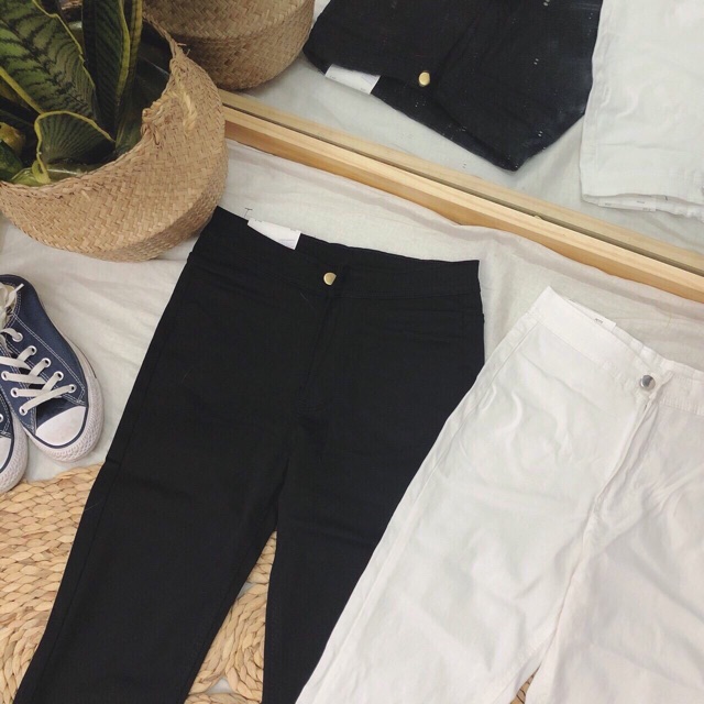 Quần jeans trắng đen cạp cao không túi nữ - 140
