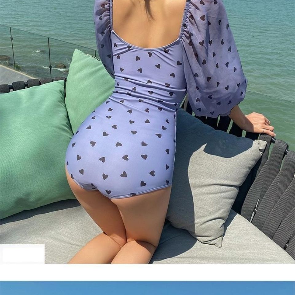 One-Piece Swimsuit Woman Square-Neck Chiffon Careful Heart Polka Dot Long Sleeve Sun Protection Slim Fit Conservative Hot Spring Style Swimsuit